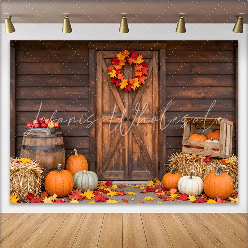 Lofaris Rustic Wooden Barn Door Autumn Harvest Backdrop with Pumpkins Cozy Farmhouse Fall Photography Background for Thanksgiving Party