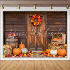 Lofaris Rustic Wooden Barn Door Autumn Harvest Backdrop with Pumpkins Cozy Farmhouse Fall Photography Background for Thanksgiving Party