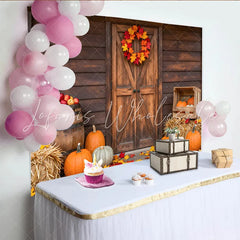Lofaris Rustic Wooden Barn Door Autumn Harvest Backdrop with Pumpkins Cozy Farmhouse Fall Photography Background for Thanksgiving Party
