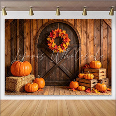 Lofaris Rustic Wooden Barn Door Autumn Harvest Backdrop with Pumpkins Fall Leaves and Wreath Photography Background for Seasonal Decor.
