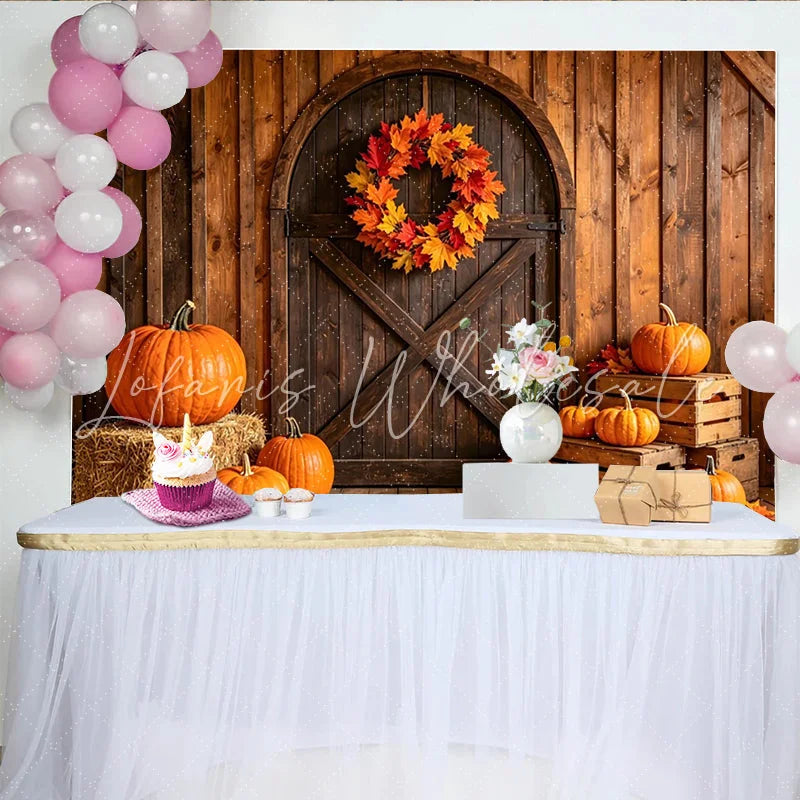 Lofaris Rustic Wooden Barn Door Autumn Harvest Backdrop with Pumpkins Fall Leaves and Wreath Photography Background for Seasonal Decor.