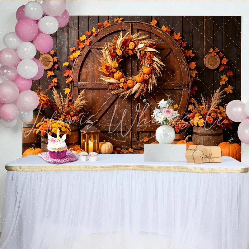 Lofaris Rustic Wooden Barn Door Autumn Harvest Holiday Backdrop with Pumpkins and Fall Leaves Seasonal Photography Background
