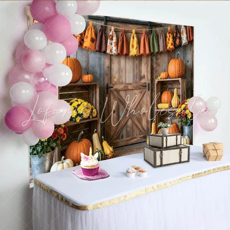 Lofaris Rustic Wooden Barn Door Autumn Harvest Photography Backdrop with Pumpkins and Fall Leaves Thanksgiving Seasonal Decor