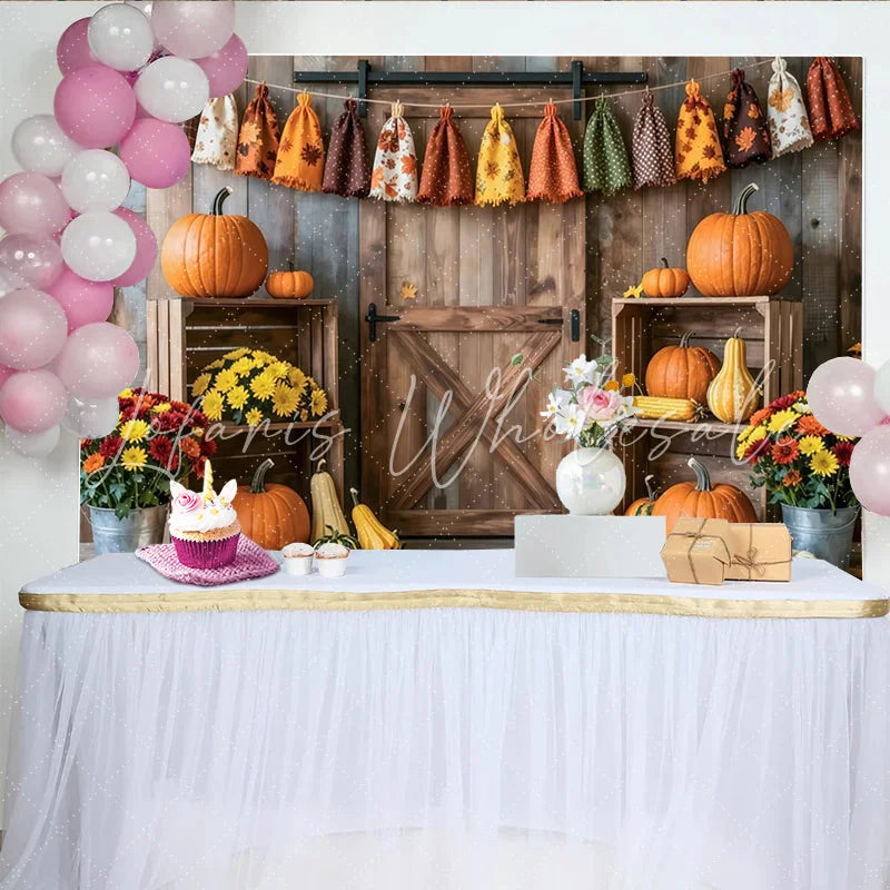 Lofaris Rustic Wooden Barn Door Autumn Harvest Photography Backdrop with Pumpkins and Fall Leaves Thanksgiving Seasonal Decor