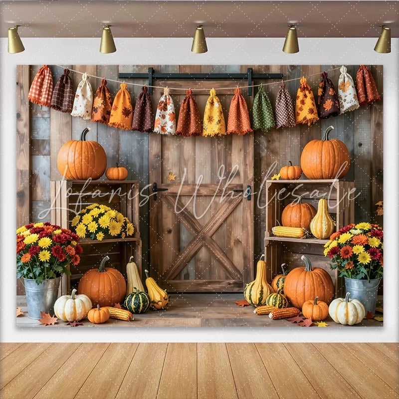 Lofaris Rustic Wooden Barn Door Autumn Harvest Photography Backdrop with Pumpkins and Fall Leaves Thanksgiving Seasonal Decor