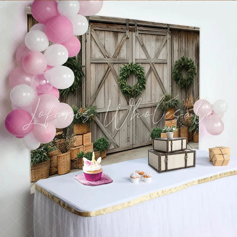 Lofaris Rustic Wooden Barn Door Christmas Backdrop with Green Wreaths Elegant Winter Holiday Background for Studio Photography