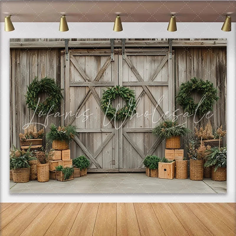 Lofaris Rustic Wooden Barn Door Christmas Backdrop with Green Wreaths Elegant Winter Holiday Background for Studio Photography