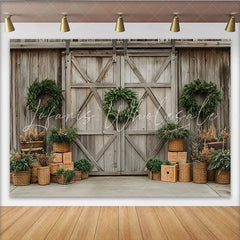 Lofaris Rustic Wooden Barn Door Christmas Backdrop with Green Wreaths Elegant Winter Holiday Background for Studio Photography