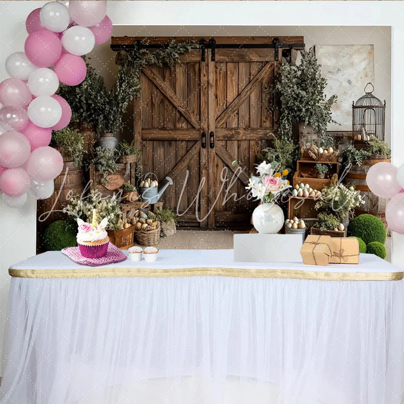 Lofaris Rustic Wooden Barn Door Easter Photography Backdrop with Greenery and Eggs Charming Spring Studio Background for Holiday Photoshoot