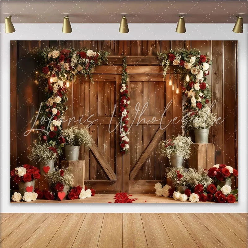 Lofaris Rustic Wooden Barn Door Party Backdrop Elegant Red and White Rose Floral Arch Wedding Photography.