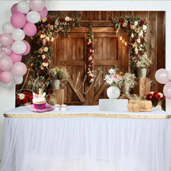 Lofaris Rustic Wooden Barn Door Party Backdrop Elegant Red and White Rose Floral Arch Wedding Photography.