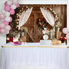 Lofaris Rustic Wooden Barn Door Party Backdrop Red and White Roses Floral Arch with Lace Curtains Wedding Anniversary Decor