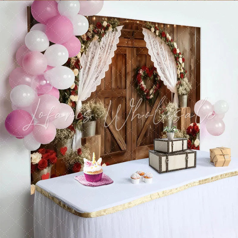 Lofaris Rustic Wooden Barn Door Party Backdrop Red and White Roses Floral Arch with Lace Curtains Wedding Anniversary Decor