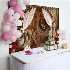 Lofaris Rustic Wooden Barn Door Party Backdrop Red and White Roses Floral Arch with Lace Curtains Wedding Anniversary Decor