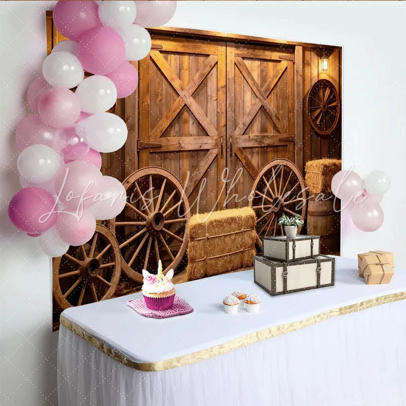 Lofaris Rustic Wooden Barn Door Photography Backdrop with Wagon Wheels Farmhouse Studio Background for Western Portrait