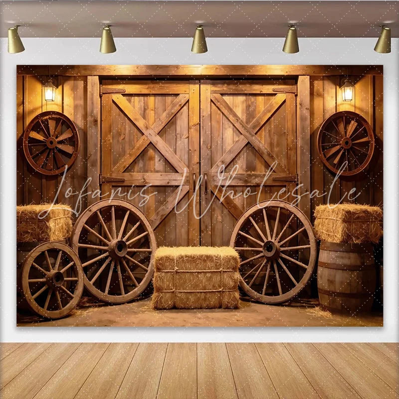 Lofaris Rustic Wooden Barn Door Photography Backdrop with Wagon Wheels Farmhouse Studio Background for Western Portrait