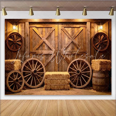 Lofaris Rustic Wooden Barn Door Photography Backdrop with Wagon Wheels Farmhouse Studio Background for Western Portrait