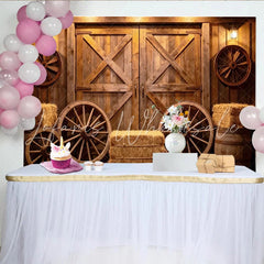 Lofaris Rustic Wooden Barn Door Photography Backdrop with Wagon Wheels Farmhouse Studio Background for Western Portrait