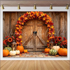 Lofaris Rustic Wooden Barn Door Thanksgiving Backdrop with Autumn Leaves and Pumpkins Harvest Fall for Seasonal Photoshoot