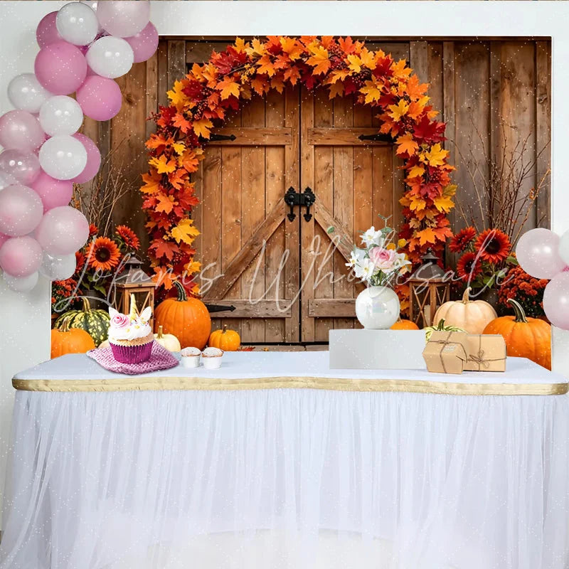 Lofaris Rustic Wooden Barn Door Thanksgiving Backdrop with Autumn Leaves and Pumpkins Harvest Fall for Seasonal Photoshoot