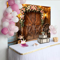 Lofaris Rustic Wooden Barn Door Wedding Backdrop with Floral Arch Elegant Photography Background for Bridal Shower or Party Decor