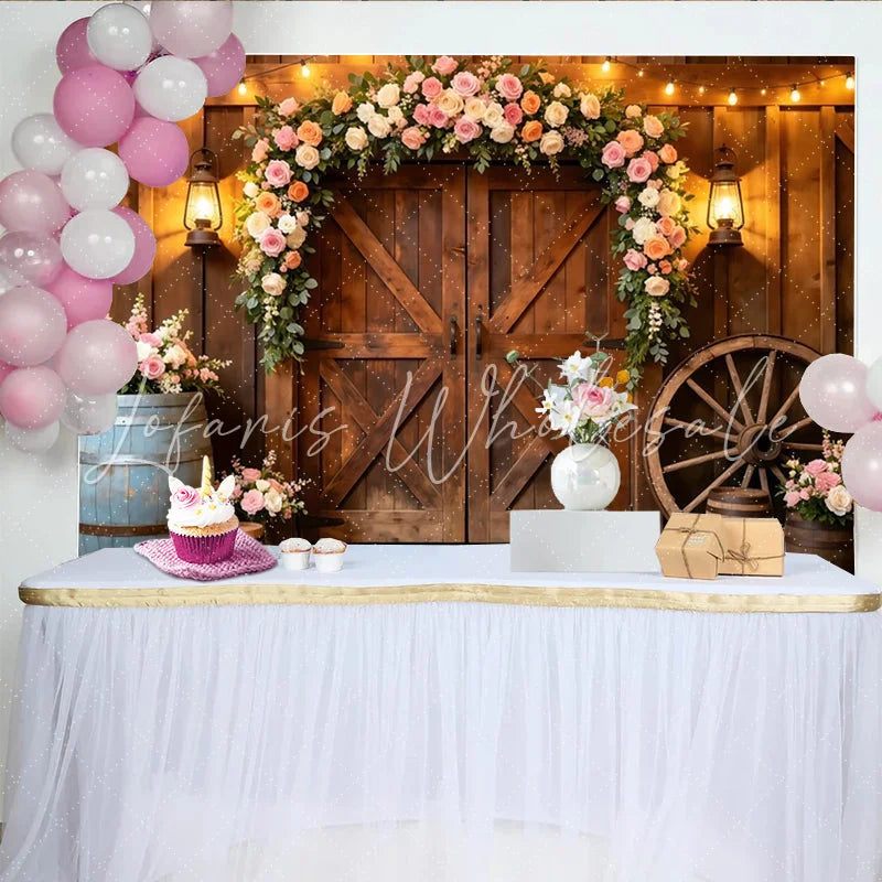 Lofaris Rustic Wooden Barn Door Wedding Backdrop with Floral Arch Elegant Photography Background for Bridal Shower or Party Decor