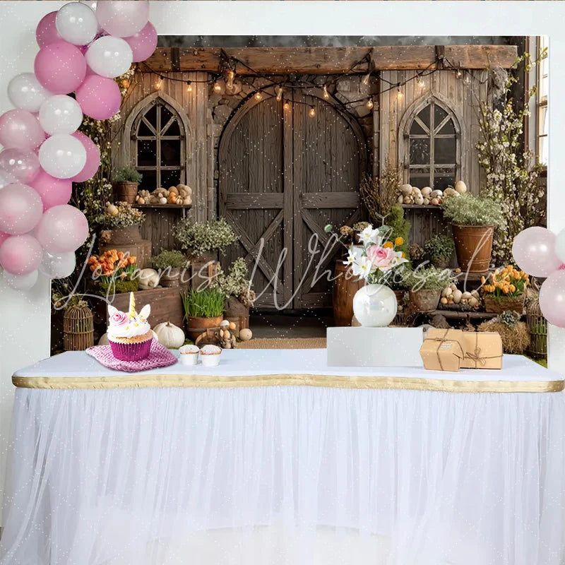 Lofaris Rustic Wooden Barn Photography Backdrop with Arched Windows and String Lights Farmhouse Style Background for Spring
