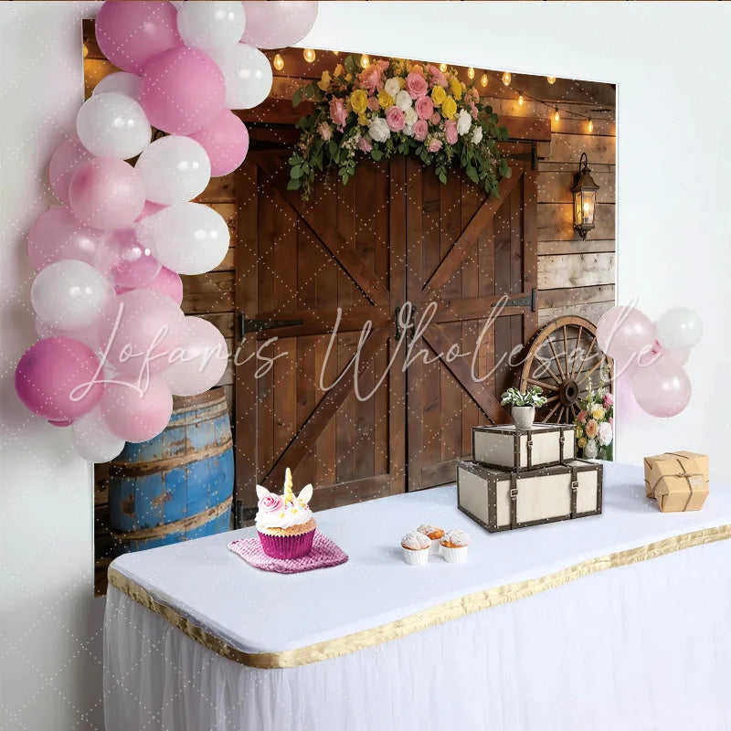 Lofaris Rustic Wooden Barn Photography Backdrop with Floral Arch and String Lights Charming Farmhouse Background for Event Photoshoot