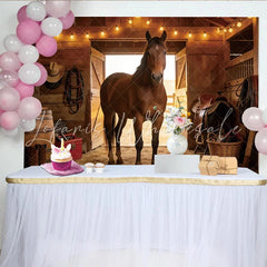 Lofaris Rustic Wooden Barn Photography Backdrop with Horse and String Lights Cowboy Theme Background for Studio Portraits