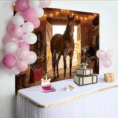 Lofaris Rustic Wooden Barn Photography Backdrop with Horse and String Lights Cowboy Theme Background for Studio Portraits