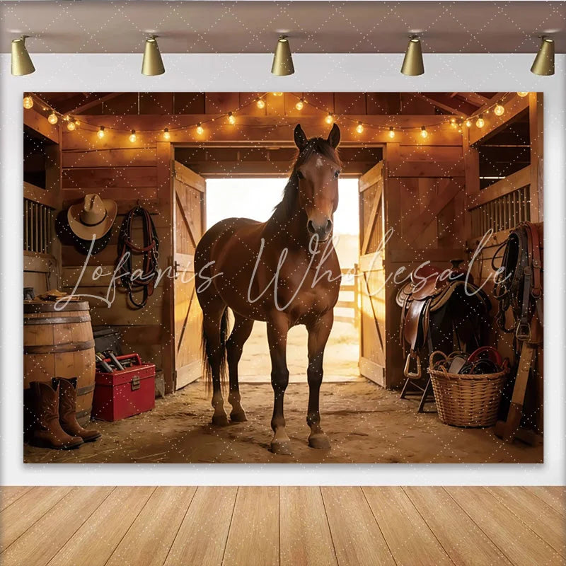 Lofaris Rustic Wooden Barn Photography Backdrop with Horse and String Lights Cowboy Theme Background for Studio Portraits