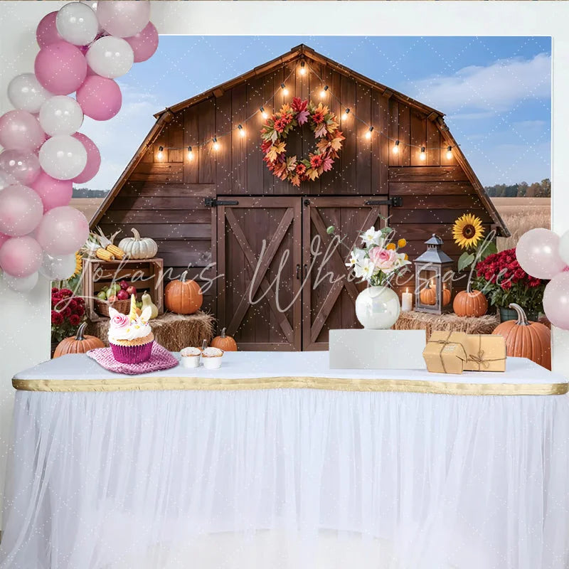 Lofaris Rustic Wooden Barn Thanksgiving Backdrop with Fall Pumpkins and String Lights Autumn Harvest Photo for Family Gatherings Party Decor