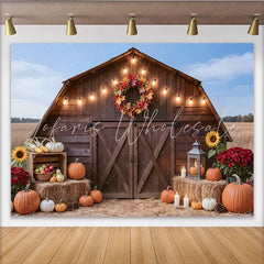 Lofaris Rustic Wooden Barn Thanksgiving Backdrop with Fall Pumpkins and String Lights Autumn Harvest Photo for Family Gatherings Party Decor