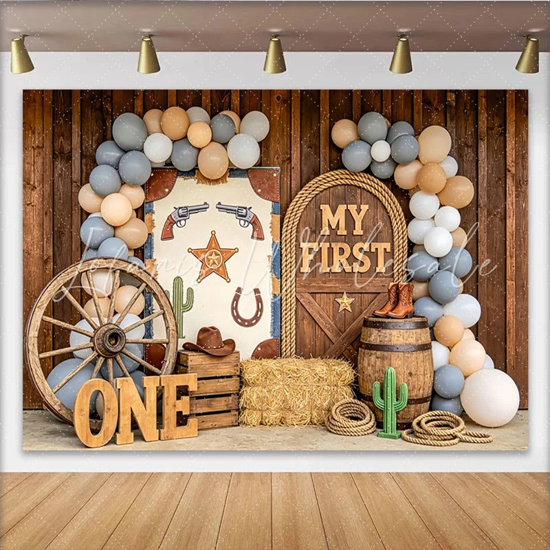 Lofaris Rustic Wooden Barn Western 1st Birthday Backdrop with Balloons and Wagon Wheel My First Cowboy Photo Background for Party Decor