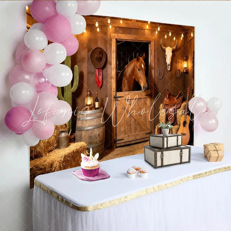 Lofaris Rustic Wooden Barn Western Photography Backdrop with Horse and Hay Bales Cowboy Theme Background for Studio Photoshoot and Party