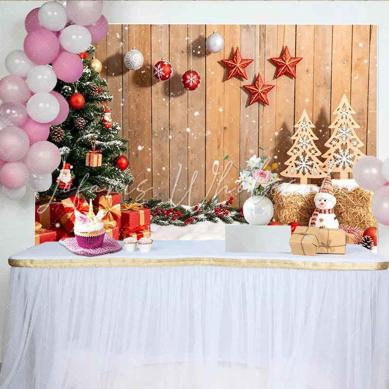 Lofaris Rustic Wooden Christmas Backdrop with Snowman and Gifts Festive Holiday Photography Background for Winter Celebrations.