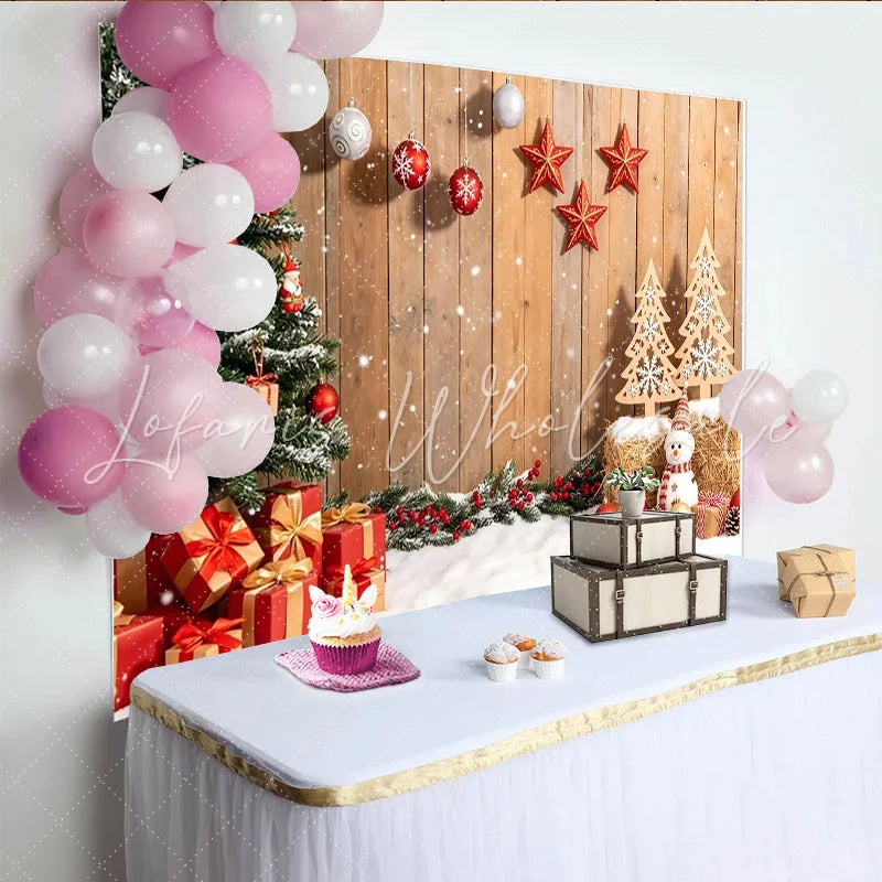 Lofaris Rustic Wooden Christmas Backdrop with Snowman and Gifts Festive Holiday Photography Background for Winter Celebrations.