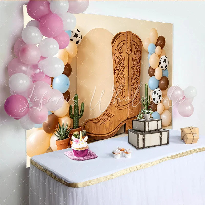 Lofaris Rustic Wooden Cowboy Boot Western Baby Shower Backdrop Cow Print Balloons and Cacti Photography Background
