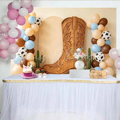 Lofaris Rustic Wooden Cowboy Boot Western Baby Shower Backdrop Cow Print Balloons and Cacti Photography Background