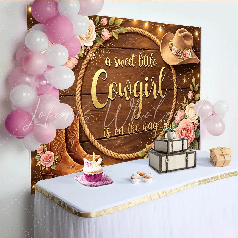 Lofaris Rustic Wooden Cowgirl Baby Shower Backdrop with Floral Roses and Boots Western Photo Background for a Sweet Little Girl Party Decor