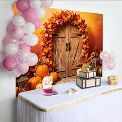 Lofaris Rustic Wooden Door Autumn Backdrop with Maple Leaves and Pumpkins Warm Fall Harvest Photography Background for Thanksgiving Decor