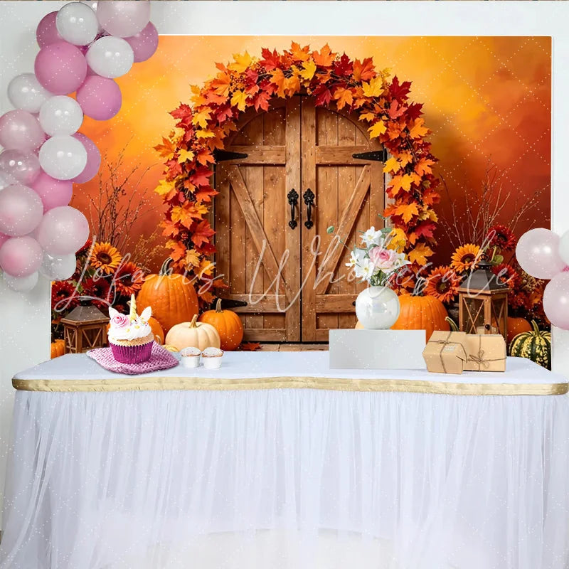 Lofaris Rustic Wooden Door Autumn Backdrop with Maple Leaves and Pumpkins Warm Fall Harvest Photography Background for Thanksgiving Decor