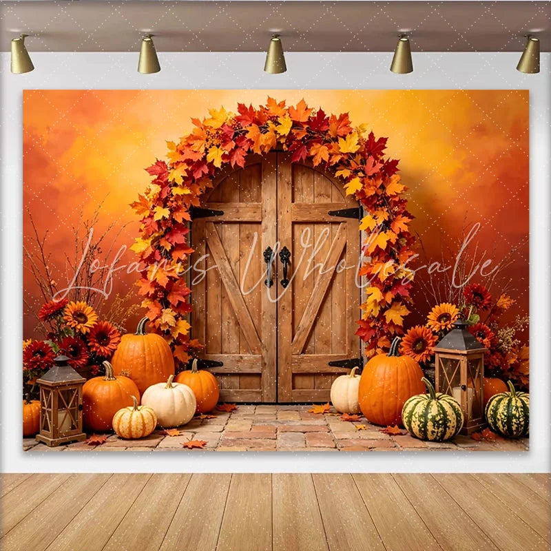 Lofaris Rustic Wooden Door Autumn Backdrop with Maple Leaves and Pumpkins Warm Fall Harvest Photography Background for Thanksgiving Decor