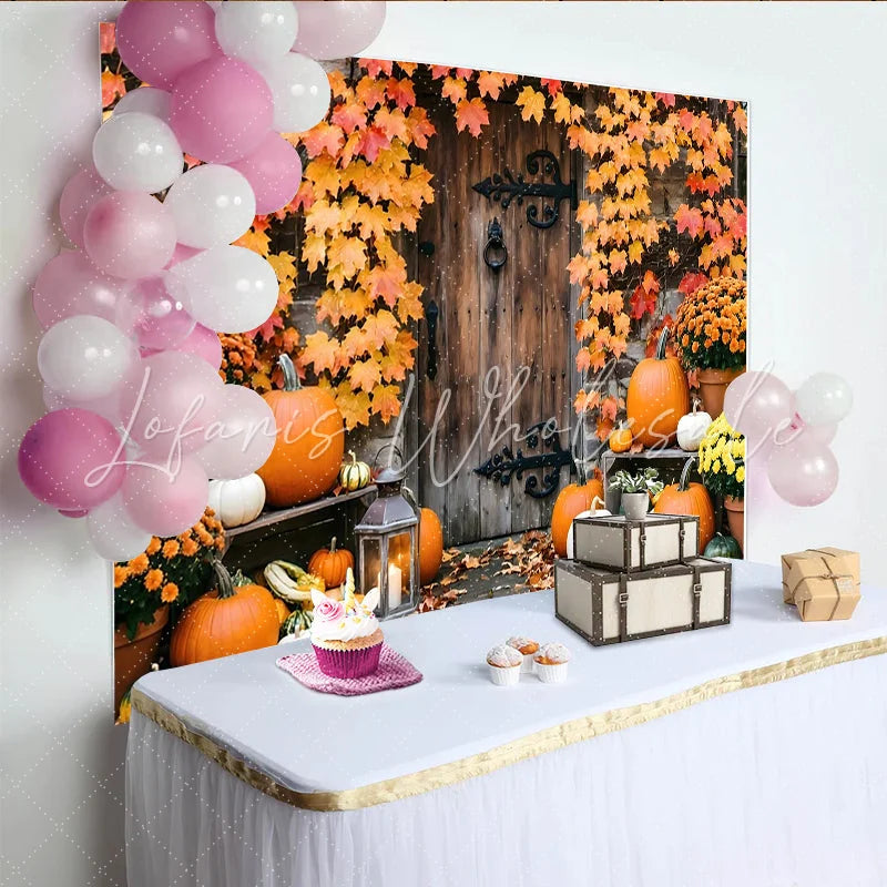 Lofaris Rustic Wooden Door Autumn Backdrop with Pumpkins and Fall Leaves Harvest Festival Background for Thanksgiving or Halloween Party