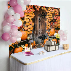Lofaris Rustic Wooden Door Autumn Backdrop with Pumpkins and Fall Leaves Harvest Festival Background for Thanksgiving or Halloween Party
