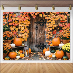 Lofaris Rustic Wooden Door Autumn Backdrop with Pumpkins and Fall Leaves Harvest Festival Background for Thanksgiving or Halloween Party