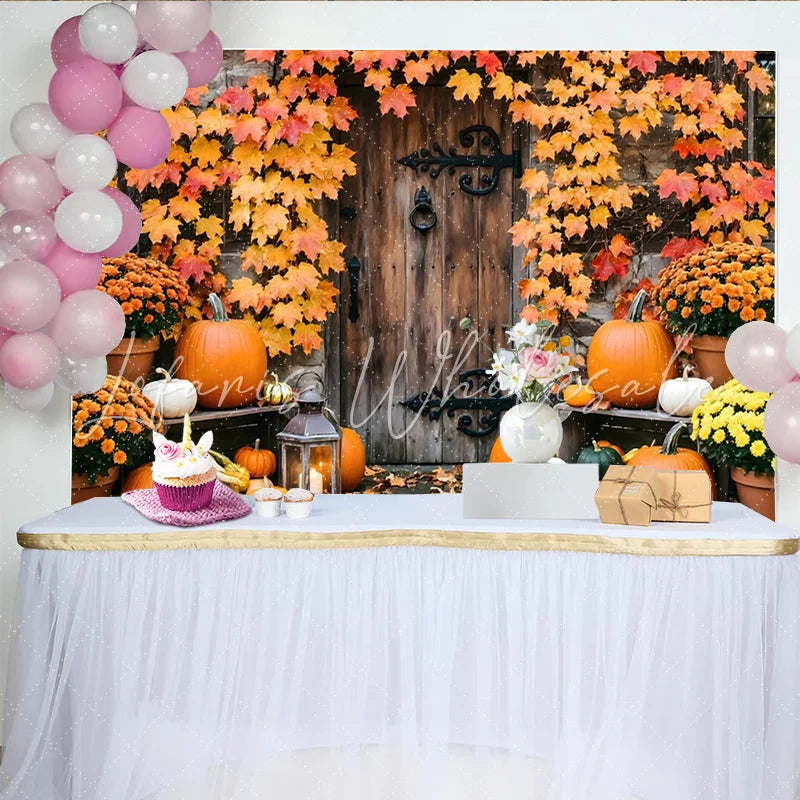 Lofaris Rustic Wooden Door Autumn Backdrop with Pumpkins and Fall Leaves Harvest Festival Background for Thanksgiving or Halloween Party
