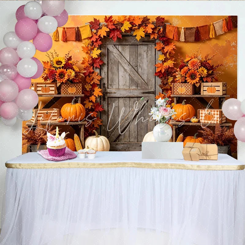 Lofaris Rustic Wooden Door Autumn Backdrop with Pumpkins and Fall Leaves Vibrant Sunflower Corn Harvest Photography Background