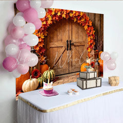 Lofaris Rustic Wooden Door Autumn Holiday Backdrop with Maple Leaves and Pumpkins Cozy Fall Harvest for Party Decor and Photo