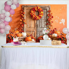 Lofaris Rustic Wooden Door Autumn Holiday Backdrop with Pumpkins and Fall Leaves Seasonal Photography Background for Thanksgiving Party